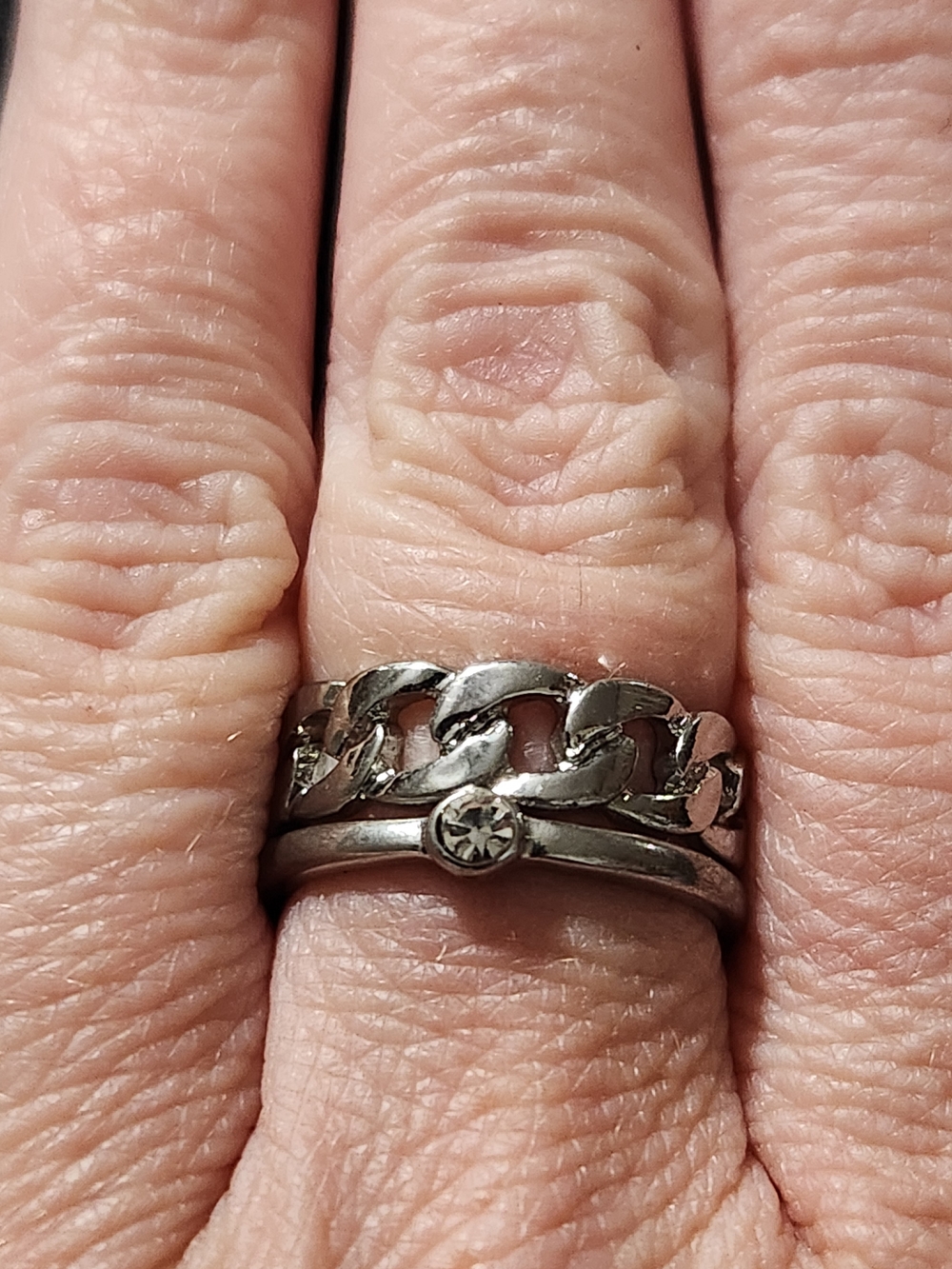 Chain and Solitaire Stacking Ring Set - Silver Tone